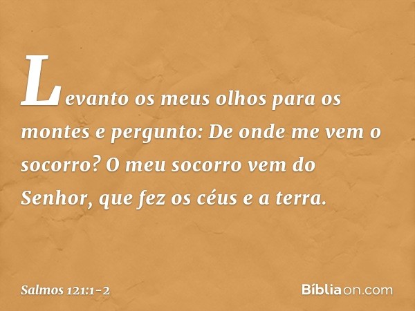 Levanto os meus olhos para os montes
e pergunto:
De onde me vem o socorro? O meu socorro vem do Senhor,
que fez os céus e a terra. -- Salmo 121:1-2