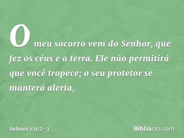 O meu socorro vem do Senhor,
que fez os céus e a terra. Ele não permitirá que você tropece;
o seu protetor se manterá alerta, -- Salmo 121:2-3