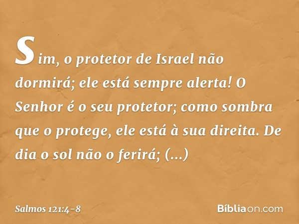 sim, o protetor de Israel não dormirá;
ele está sempre alerta! O Senhor é o seu protetor;
como sombra que o protege,
ele está à sua direita. De dia o sol não o 