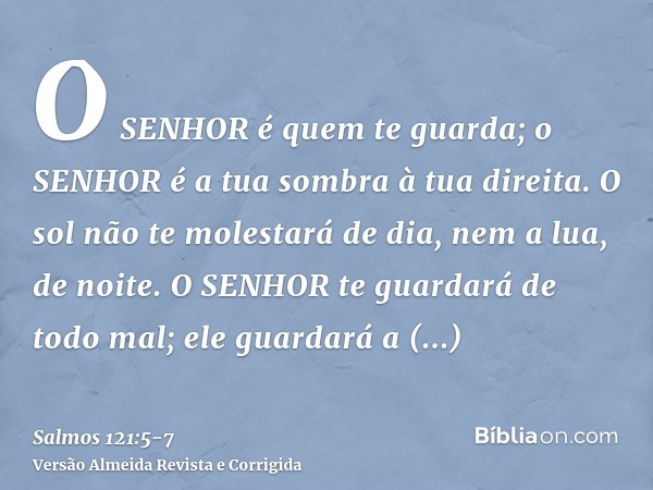 O SENHOR é quem te guarda; o SENHOR é a tua sombra à tua direita.O sol não te molestará de dia, nem a lua, de noite.O SENHOR te guardará de todo mal; ele guarda