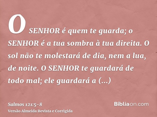 O SENHOR é quem te guarda; o SENHOR é a tua sombra à tua direita.O sol não te molestará de dia, nem a lua, de noite.O SENHOR te guardará de todo mal; ele guarda