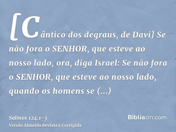 [Cântico dos degraus, de Davi] Se não fora o SENHOR, que esteve ao nosso lado, ora, diga Israel:Se não fora o SENHOR, que esteve ao nosso lado, quando os homens