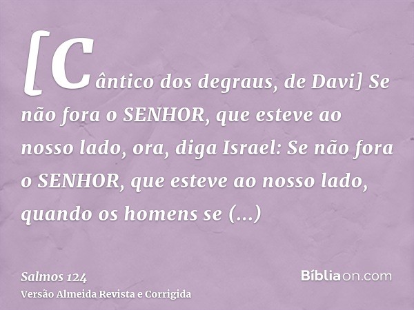 [Cântico dos degraus, de Davi] Se não fora o SENHOR, que esteve ao nosso lado, ora, diga Israel:Se não fora o SENHOR, que esteve ao nosso lado, quando os homens