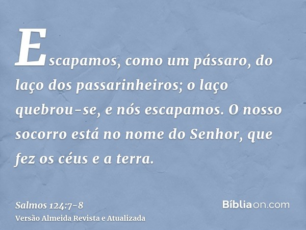 Escapamos, como um pássaro, do laço dos passarinheiros; o laço quebrou-se, e nós escapamos.O nosso socorro está no nome do Senhor, que fez os céus e a terra.