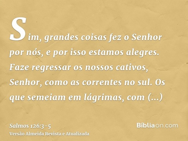 Sim, grandes coisas fez o Senhor por nós, e por isso estamos alegres.Faze regressar os nossos cativos, Senhor, como as correntes no sul.Os que semeiam em lágrim