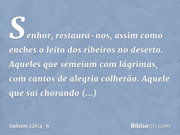 Senhor, restaura-nos,
assim como enches
o leito dos ribeiros no deserto. Aqueles que semeiam com lágrimas,
com cantos de alegria colherão. Aquele que sai choran