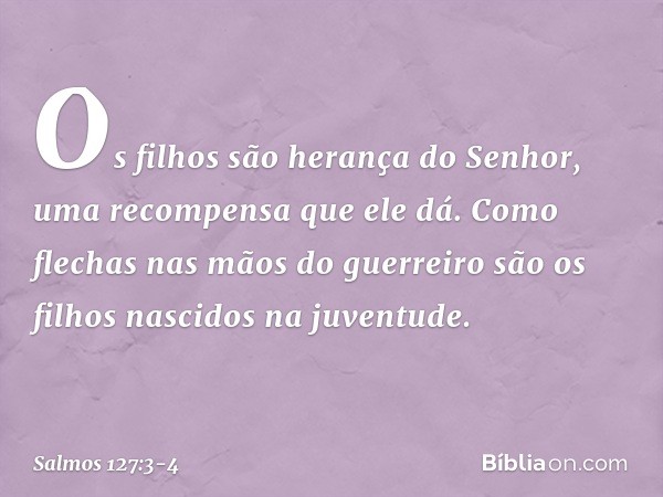 Os filhos são herança do Senhor,
uma recompensa que ele dá. Como flechas nas mãos do guerreiro
são os filhos nascidos na juventude. -- Salmo 127:3-4