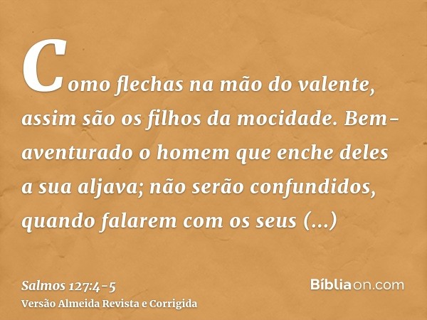 Como flechas na mão do valente, assim são os filhos da mocidade.Bem-aventurado o homem que enche deles a sua aljava; não serão confundidos, quando falarem com o