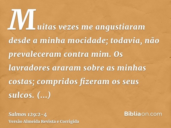 Muitas vezes me angustiaram desde a minha mocidade; todavia, não prevaleceram contra mim.Os lavradores araram sobre as minhas costas; compridos fizeram os seus 