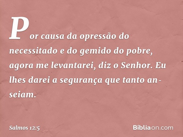 "Por causa da opressão do necessitado
e do gemido do pobre, agora me levantarei",
diz o Senhor.
"Eu lhes darei a segurança que tanto an­seiam." -- Salmo 12:5