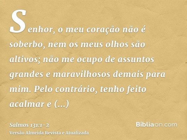 Senhor, o meu coração não é soberbo, nem os meus olhos são altivos; não me ocupo de assuntos grandes e maravilhosos demais para mim.Pelo contrário, tenho feito 