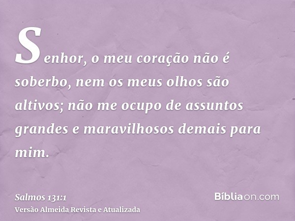 Senhor, o meu coração não é soberbo, nem os meus olhos são altivos; não me ocupo de assuntos grandes e maravilhosos demais para mim.