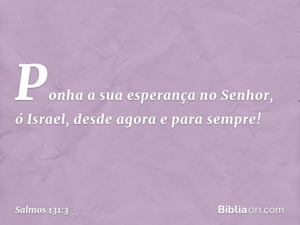 Ponha a sua esperança no Senhor, ó Israel,
desde agora e para sempre! -- Salmo 131:3