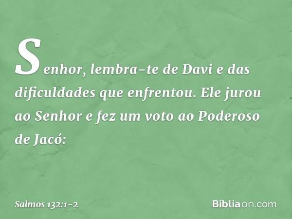 Senhor, lembra-te de Davi
e das dificuldades que enfrentou. Ele jurou ao Senhor
e fez um voto ao Poderoso de Jacó: -- Salmo 132:1-2