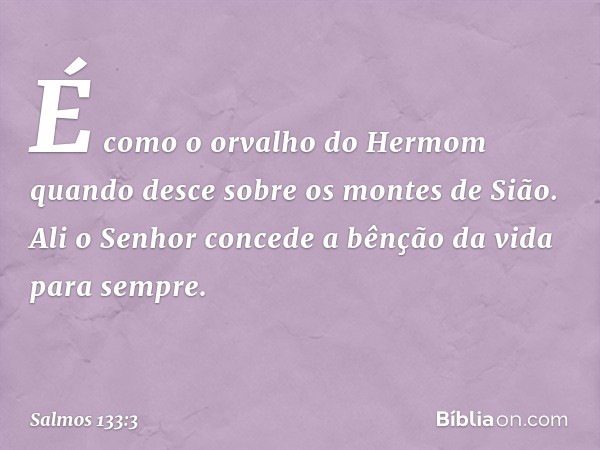 É como o orvalho do Hermom
quando desce sobre os montes de Sião.
Ali o Senhor concede a bênção
da vida para sempre. -- Salmo 133:3