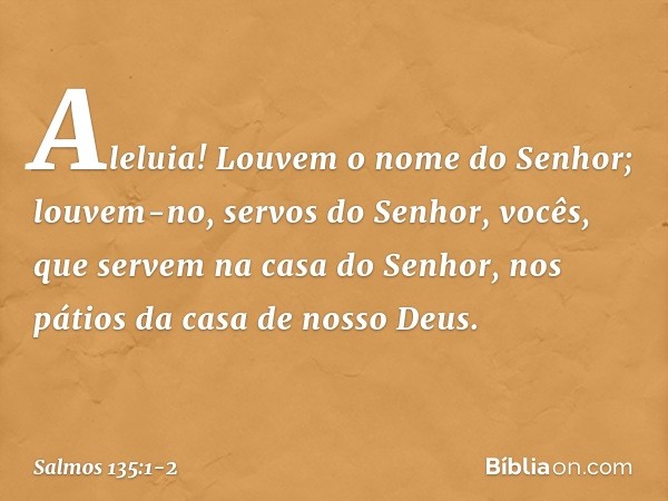 Aleluia!
Louvem o nome do Senhor;
louvem-no, servos do Senhor, vocês, que servem na casa do Senhor,
nos pátios da casa de nosso Deus. -- Salmo 135:1-2