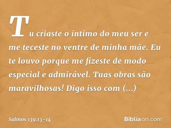 Tu criaste o íntimo do meu ser
e me teceste no ventre de minha mãe. Eu te louvo porque me fizeste
de modo especial e admirável.
Tuas obras são maravilhosas!
Dig