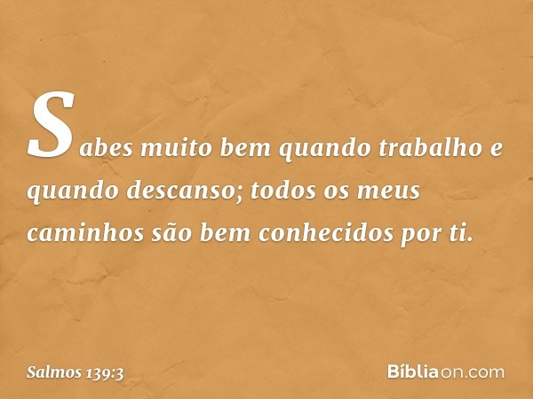 Sabes muito bem quando trabalho
e quando descanso;
todos os meus caminhos
são bem conhecidos por ti. -- Salmo 139:3