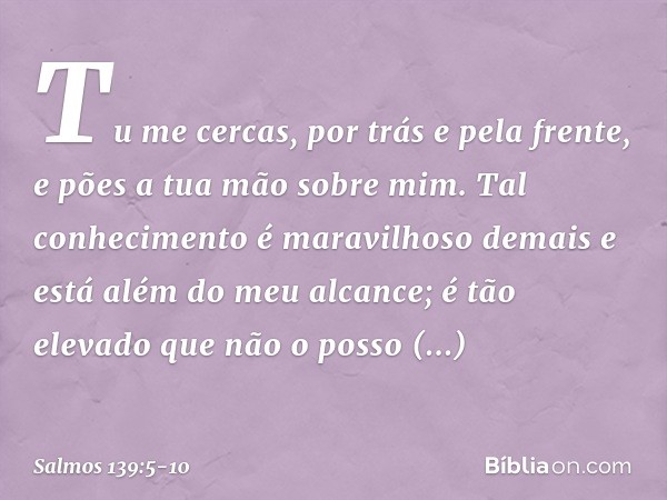 Tu me cercas, por trás e pela frente,
e pões a tua mão sobre mim. Tal conhecimento é maravilhoso demais
e está além do meu alcance;
é tão elevado que não o poss