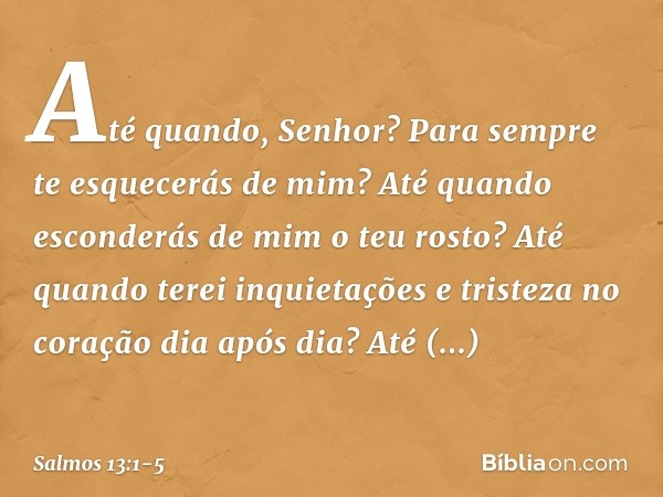 Até quando, Senhor?
Para sempre te esquecerás de mim?
Até quando esconderás de mim o teu rosto? Até quando terei inquietações
e tristeza no coração dia após dia