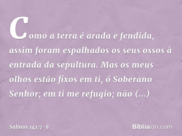 Como a terra é arada e fendida,
assim foram espalhados os seus ossos
à entrada da sepultura. Mas os meus olhos estão fixos em ti,
ó Soberano Senhor;
em ti me re