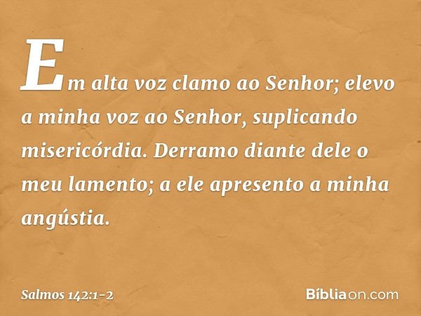 Em alta voz clamo ao Senhor;
elevo a minha voz ao Senhor,
suplicando misericórdia. Derramo diante dele o meu lamento;
a ele apresento a minha angústia. -- Salmo