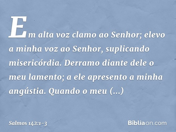 Em alta voz clamo ao Senhor;
elevo a minha voz ao Senhor,
suplicando misericórdia. Derramo diante dele o meu lamento;
a ele apresento a minha angústia. Quando o