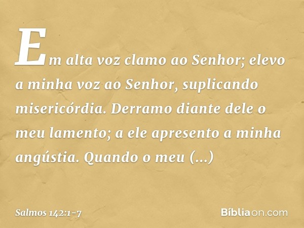 Em alta voz clamo ao Senhor;
elevo a minha voz ao Senhor,
suplicando misericórdia. Derramo diante dele o meu lamento;
a ele apresento a minha angústia. Quando o