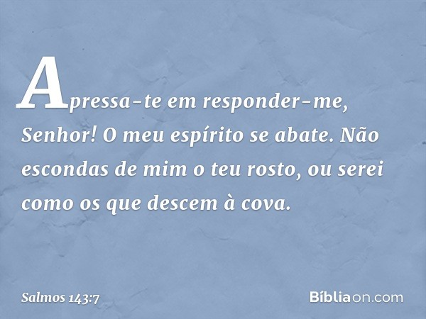 Apressa-te em responder-me, Senhor!
O meu espírito se abate.
Não escondas de mim o teu rosto,
ou serei como os que descem à cova. -- Salmo 143:7