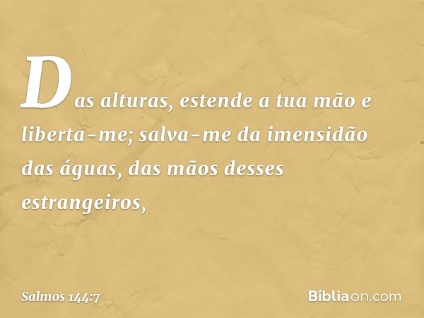 Das alturas, estende a tua mão e liberta-me;
salva-me da imensidão das águas,
das mãos desses estrangeiros, -- Salmo 144:7