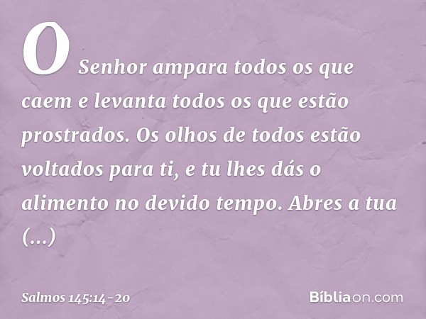 O Senhor ampara todos os que caem
e levanta todos os que estão prostrados. Os olhos de todos estão voltados para ti,
e tu lhes dás o alimento no devido tempo. A