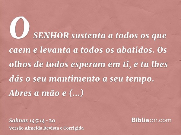 O SENHOR sustenta a todos os que caem e levanta a todos os abatidos.Os olhos de todos esperam em ti, e tu lhes dás o seu mantimento a seu tempo.Abres a mão e sa