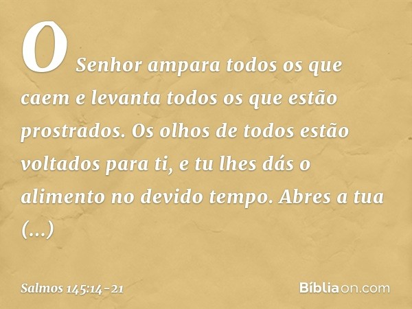 O Senhor ampara todos os que caem
e levanta todos os que estão prostrados. Os olhos de todos estão voltados para ti,
e tu lhes dás o alimento no devido tempo. A