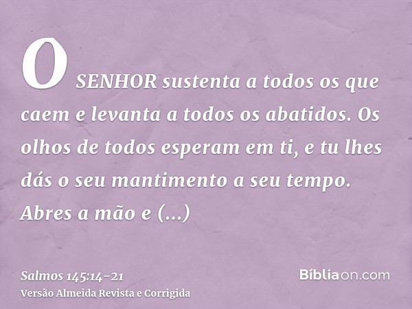 O SENHOR sustenta a todos os que caem e levanta a todos os abatidos.Os olhos de todos esperam em ti, e tu lhes dás o seu mantimento a seu tempo.Abres a mão e sa