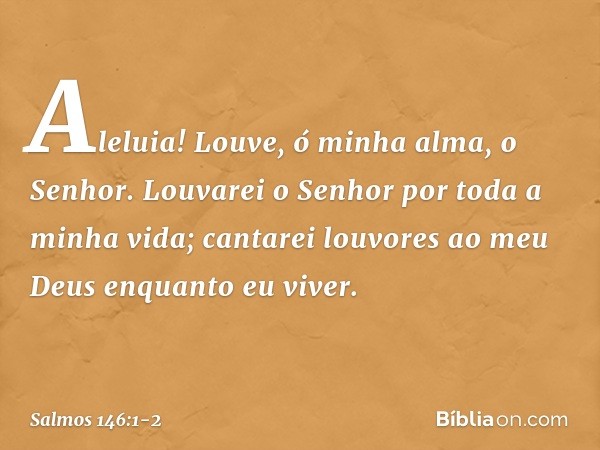 Aleluia!
Louve, ó minha alma, o Senhor. Louvarei o Senhor por toda a minha vida;
cantarei louvores ao meu Deus
enquanto eu viver. -- Salmo 146:1-2