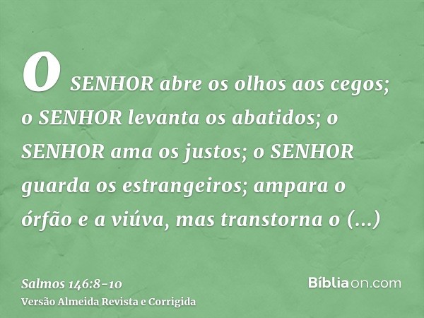 o SENHOR abre os olhos aos cegos; o SENHOR levanta os abatidos; o SENHOR ama os justos;o SENHOR guarda os estrangeiros; ampara o órfão e a viúva, mas transtorna