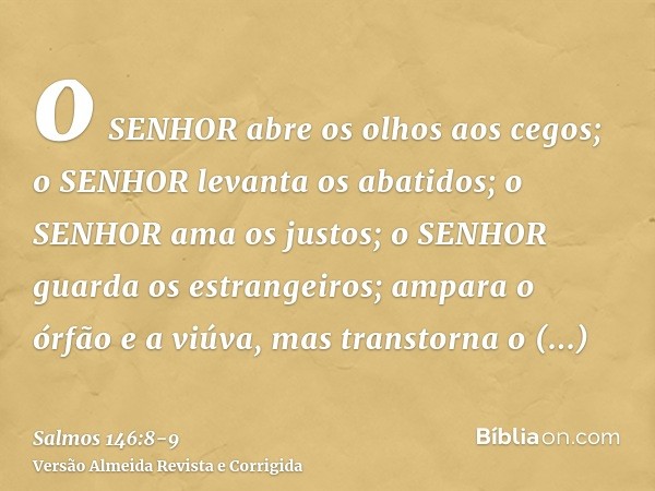 o SENHOR abre os olhos aos cegos; o SENHOR levanta os abatidos; o SENHOR ama os justos;o SENHOR guarda os estrangeiros; ampara o órfão e a viúva, mas transtorna