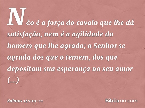 Não é a força do cavalo
que lhe dá satisfação,
nem é a agilidade do homem que lhe agrada; o Senhor se agrada dos que o temem,
dos que depositam sua esperança no