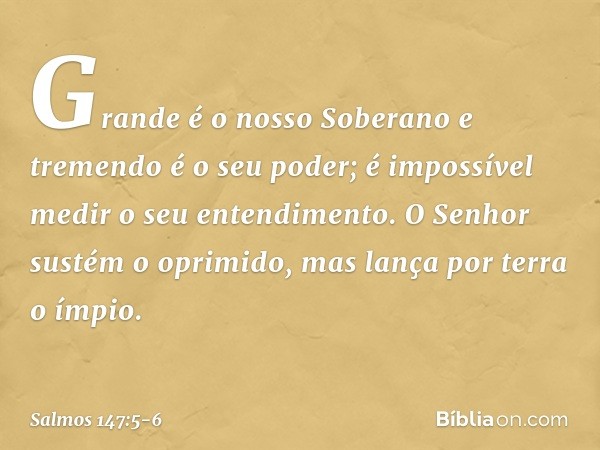 Grande é o nosso Soberano
e tremendo é o seu poder;
é impossível medir o seu entendimento. O Senhor sustém o oprimido,
mas lança por terra o ímpio. -- Salmo 147