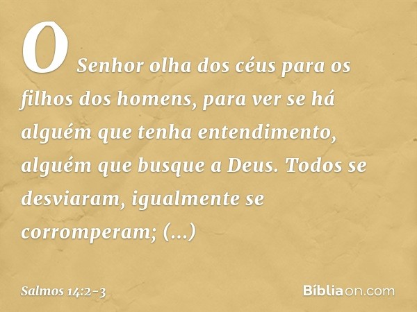 O Senhor olha dos céus
para os filhos dos homens,
para ver se há alguém que tenha entendimento,
alguém que busque a Deus. Todos se desviaram,
igualmente se corr