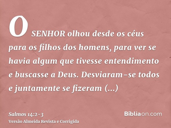 O SENHOR olhou desde os céus para os filhos dos homens, para ver se havia algum que tivesse entendimento e buscasse a Deus.Desviaram-se todos e juntamente se fi