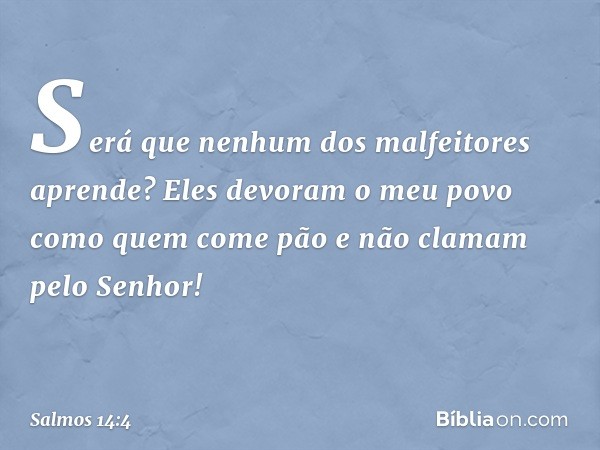 Será que nenhum dos malfeitores aprende?
Eles devoram o meu povo
como quem come pão
e não clamam pelo Senhor! -- Salmo 14:4