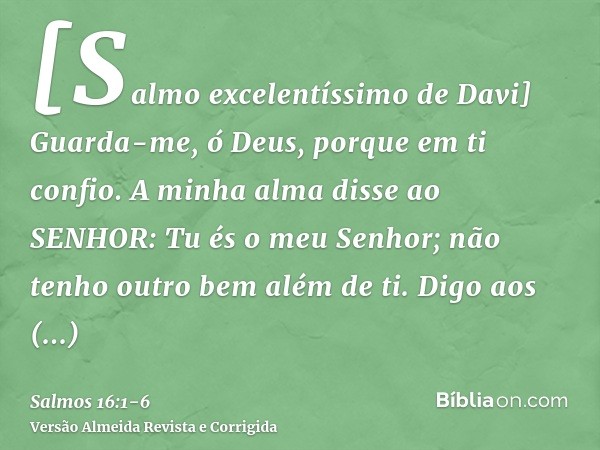 [Salmo excelentíssimo de Davi] Guarda-me, ó Deus, porque em ti confio.A minha alma disse ao SENHOR: Tu és o meu Senhor; não tenho outro bem além de ti.Digo aos 