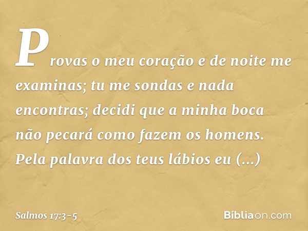 Provas o meu coração e de noite me examinas;
tu me sondas e nada encontras;
decidi que a minha boca não pecará como fazem os homens.
Pela palavra dos teus lábio