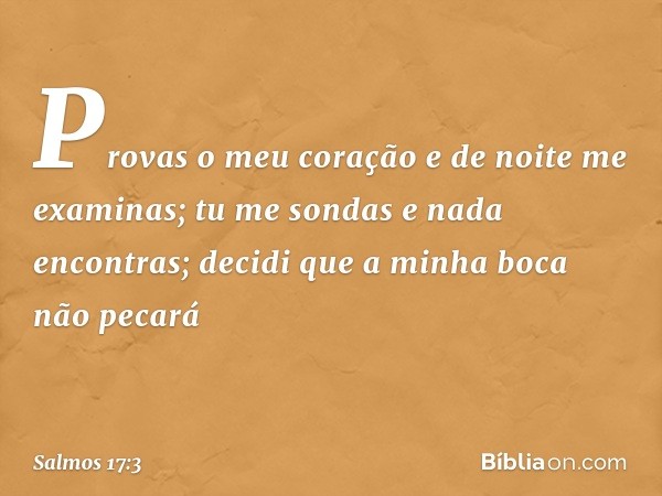 Provas o meu coração e de noite me examinas;
tu me sondas e nada encontras;
decidi que a minha boca não pecará -- Salmo 17:3