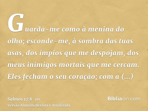 Guarda-me como à menina do olho; esconde-me, à sombra das tuas asas,dos ímpios que me despojam, dos meus inimigos mortais que me cercam.Eles fecham o seu coraçã