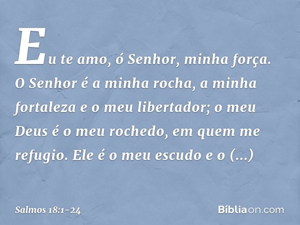 Eu te amo, ó Senhor, minha força. O Senhor é a minha rocha, a minha fortaleza
e o meu libertador;
o meu Deus é o meu rochedo,
em quem me refugio.
Ele é o meu es