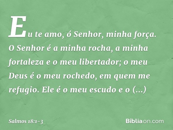 Eu te amo, ó Senhor, minha força. O Senhor é a minha rocha, a minha fortaleza
e o meu libertador;
o meu Deus é o meu rochedo,
em quem me refugio.
Ele é o meu es