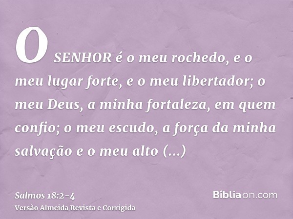 O SENHOR é o meu rochedo, e o meu lugar forte, e o meu libertador; o meu Deus, a minha fortaleza, em quem confio; o meu escudo, a força da minha salvação e o me