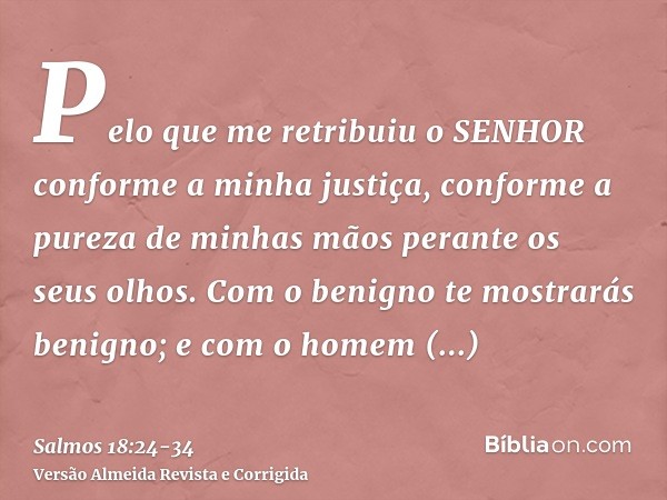 Pelo que me retribuiu o SENHOR conforme a minha justiça, conforme a pureza de minhas mãos perante os seus olhos.Com o benigno te mostrarás benigno; e com o home